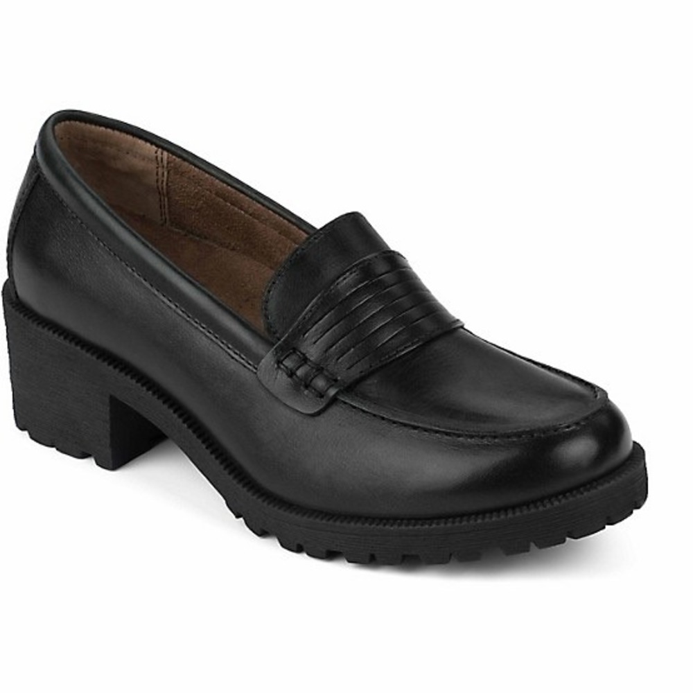 Eastland Newbury Women's Black Leather Block Heel Lug Sole Penny Loafers 7.5M